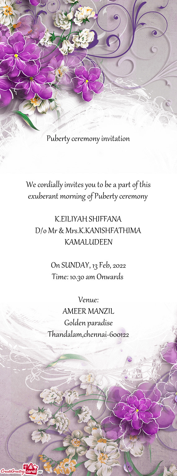 D/o Mr & Mrs.K.KANISHFATHIMA KAMALUDEEN