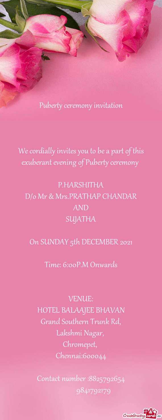 D/o Mr & Mrs.PRATHAP CHANDAR