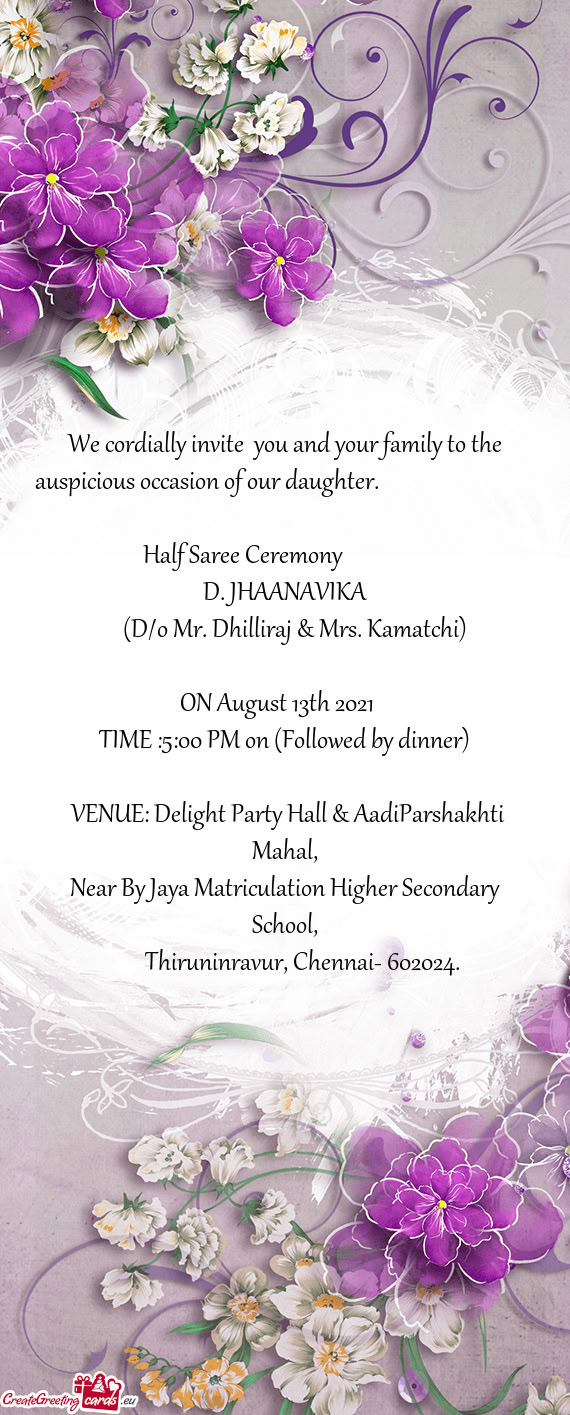 (D/o Mr. Dhilliraj & Mrs. Kamatchi)