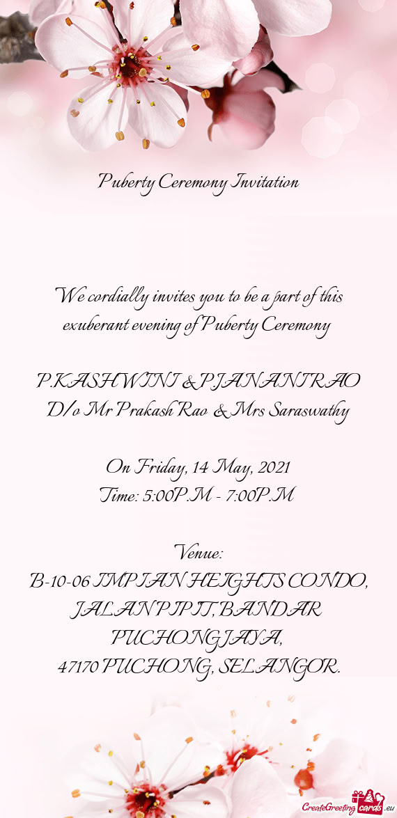 D/o Mr Prakash Rao & Mrs Saraswathy