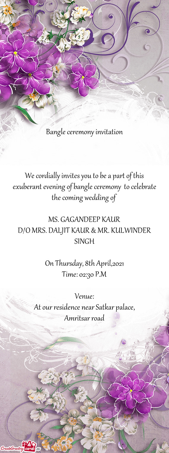 D/O MRS. DALJIT KAUR & MR. KULWINDER SINGH