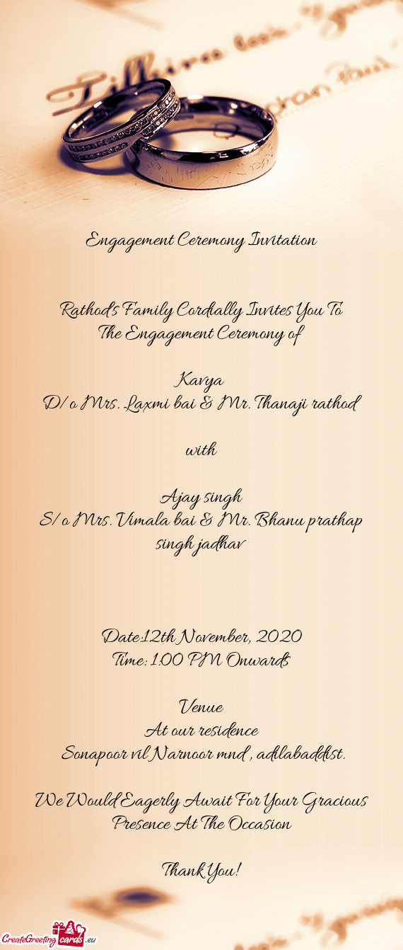 D/o Mrs. Laxmi bai & Mr. Thanaji rathod