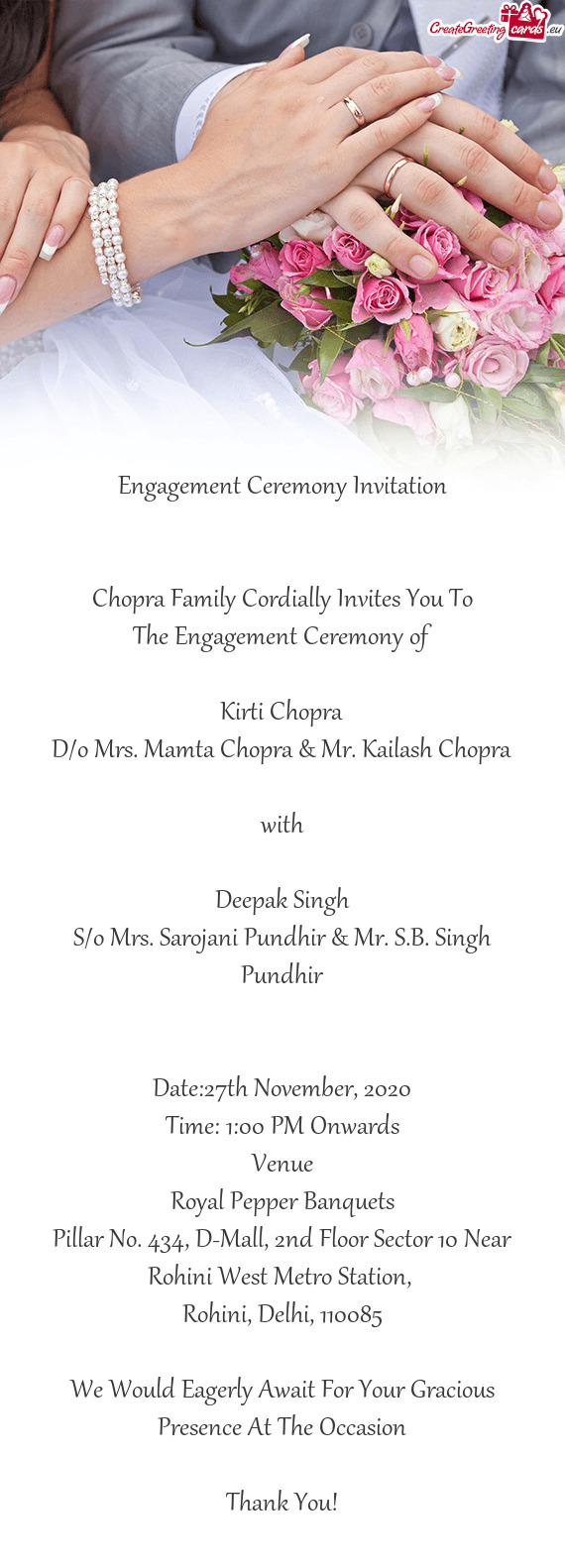 D/o Mrs. Mamta Chopra & Mr. Kailash Chopra