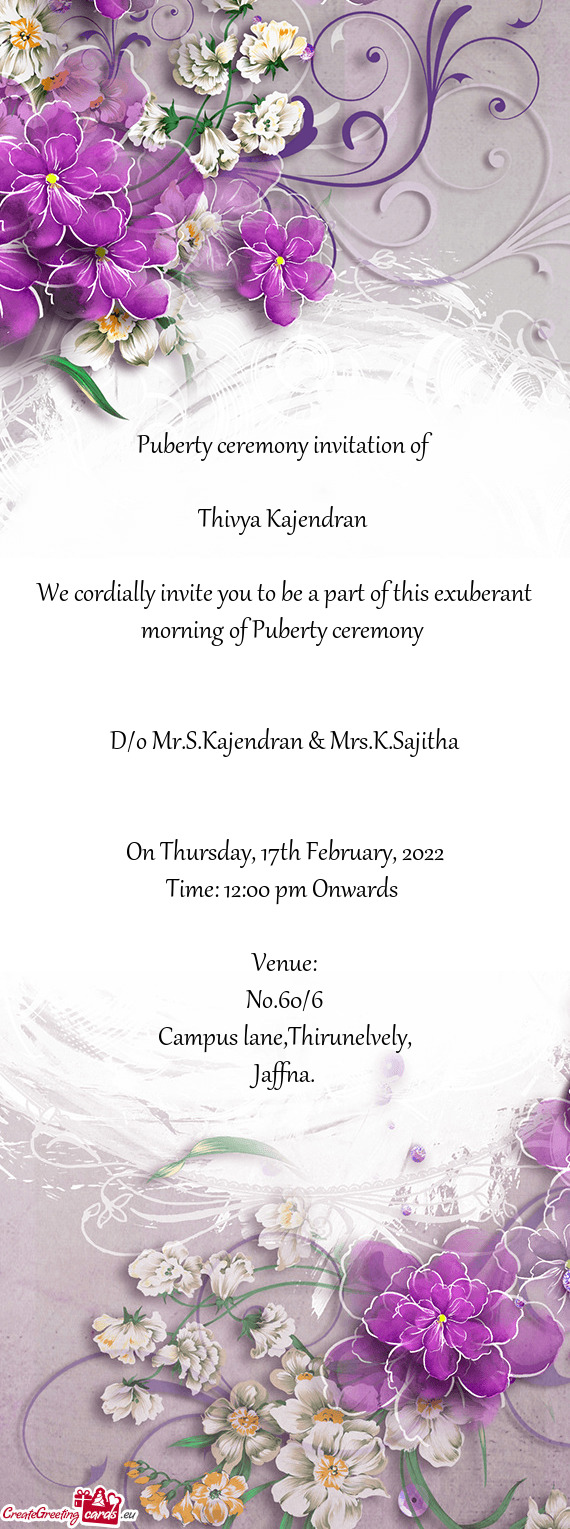 D/o Mr.S.Kajendran & Mrs.K.Sajitha