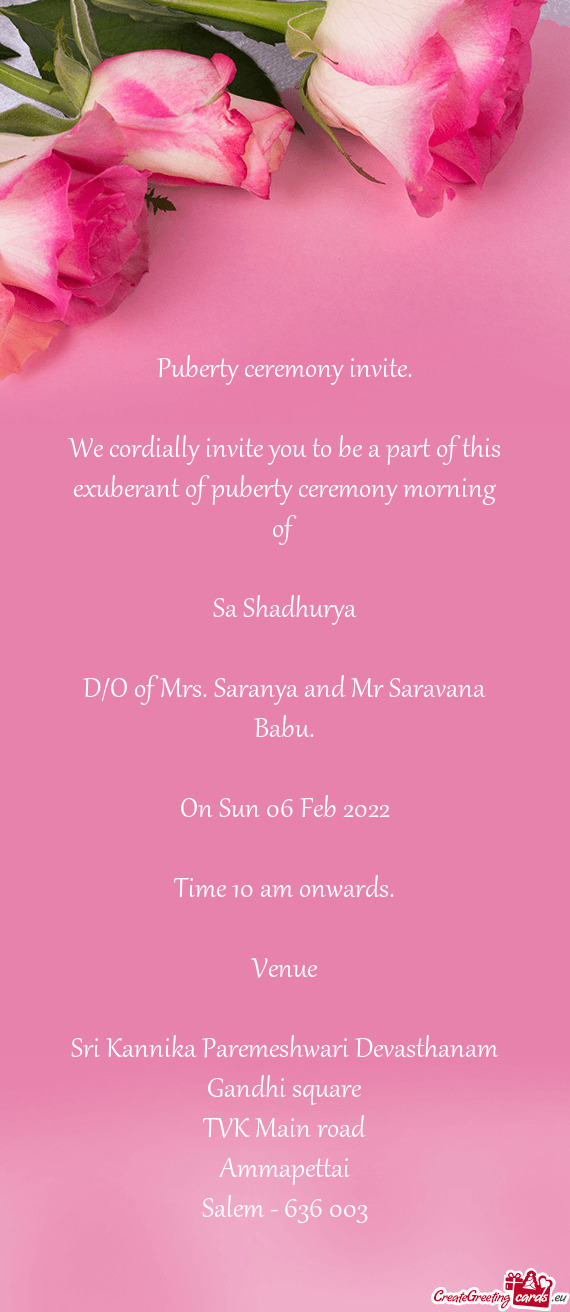 D/O of Mrs. Saranya and Mr Saravana Babu