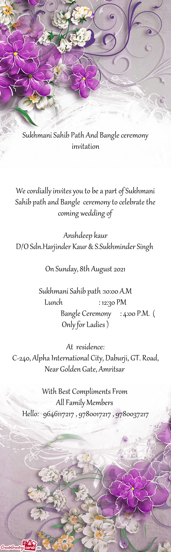 D/O Sdn.Harjinder Kaur & S.Sukhminder Singh