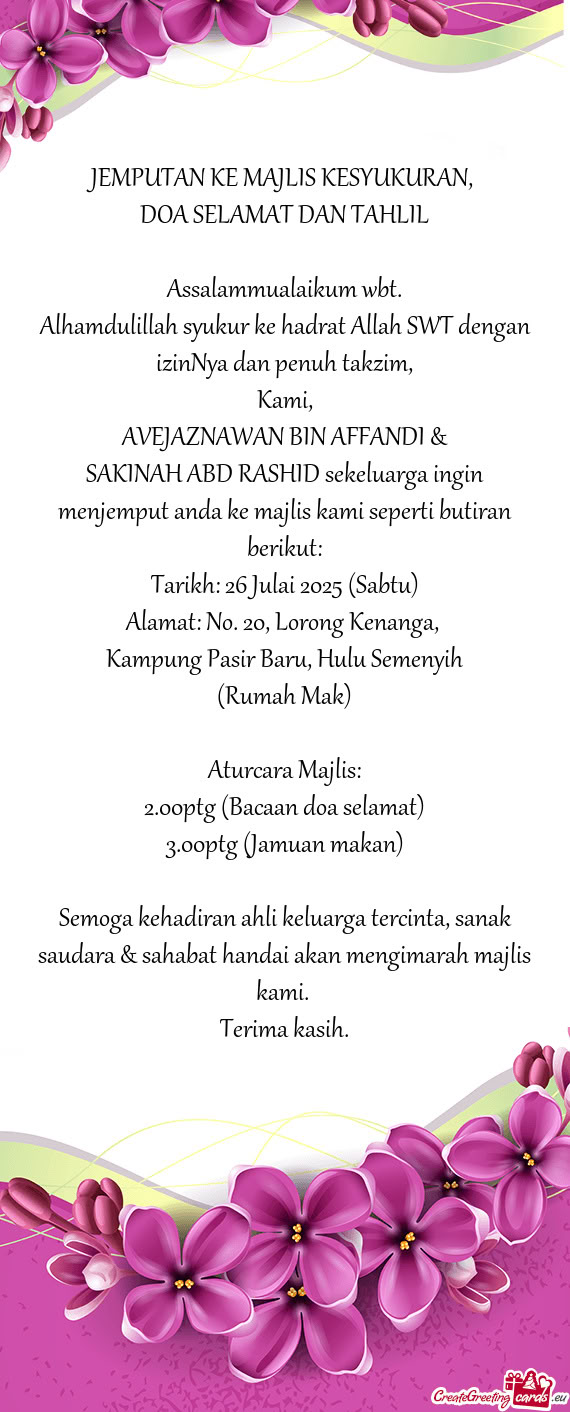 DOA SELAMAT DAN TAHLIL