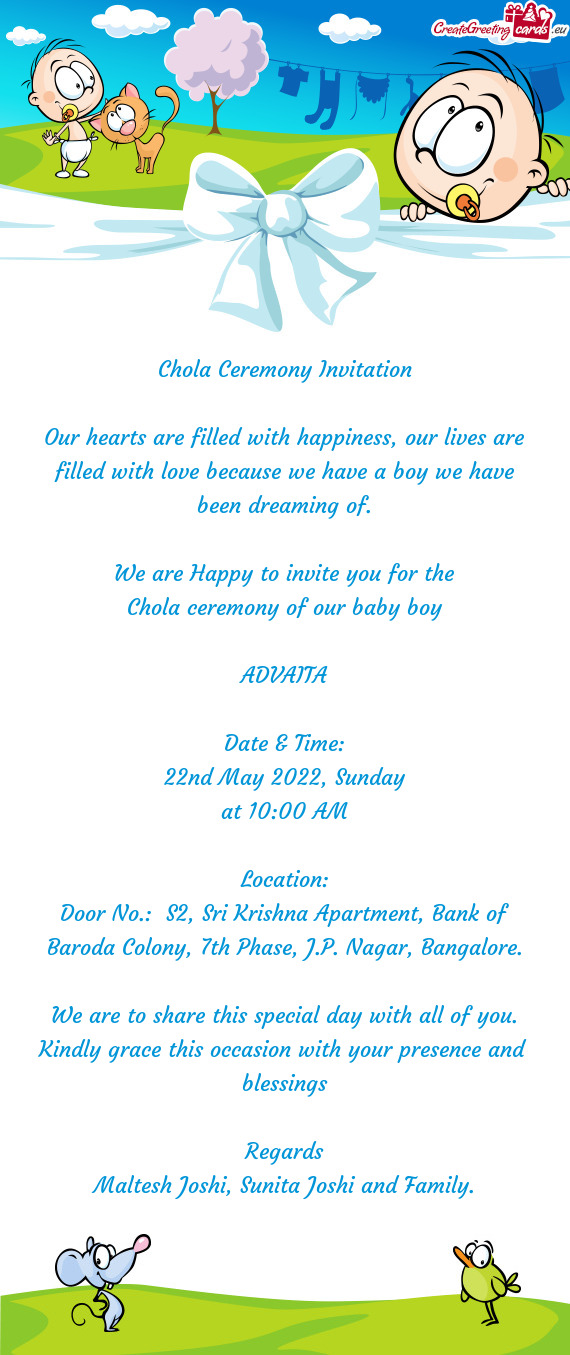 Door No.: S2, Sri Krishna Apartment, Bank of Baroda Colony, 7th Phase, J.P. Nagar, Bangalore