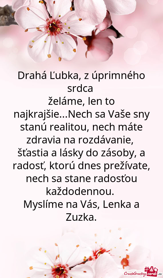 Drahá Ľubka, z úprimného srdca