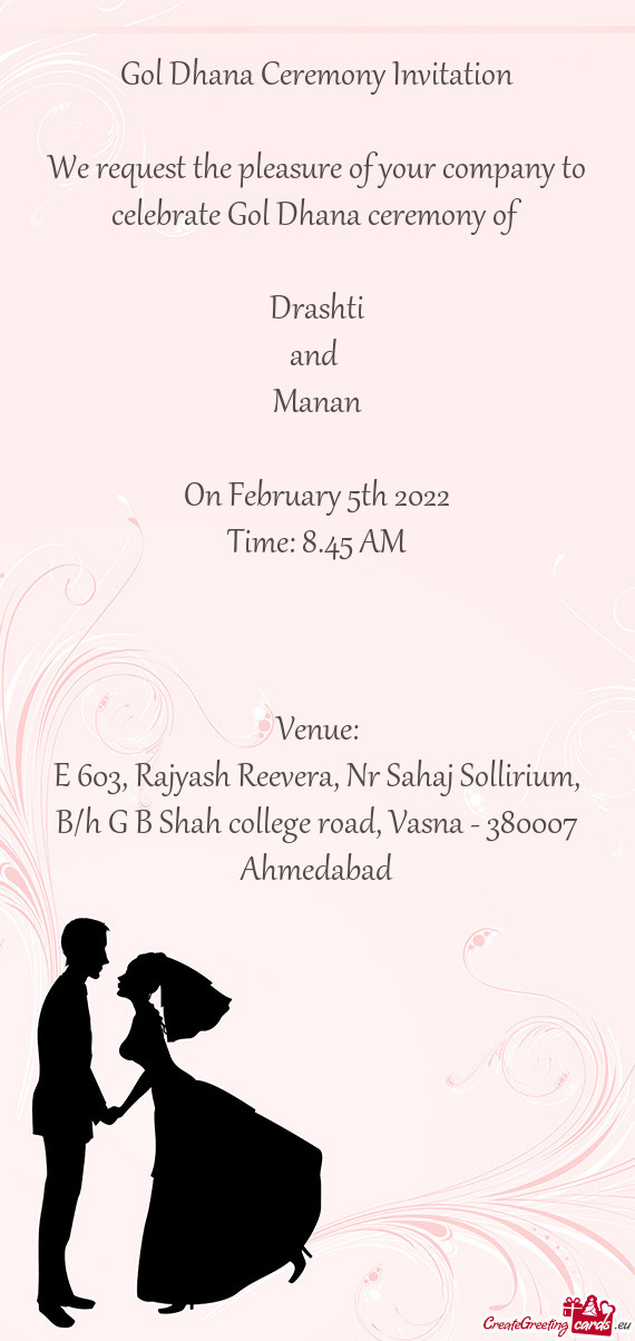 E 603, Rajyash Reevera, Nr Sahaj Sollirium, B/h G B Shah college road, Vasna - 380007