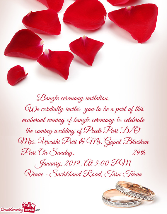 E coming wedding of Preeti Puri D/O Mrs. Urvashi Puri & Mr. Gopal Bhushan Puri On Sunday