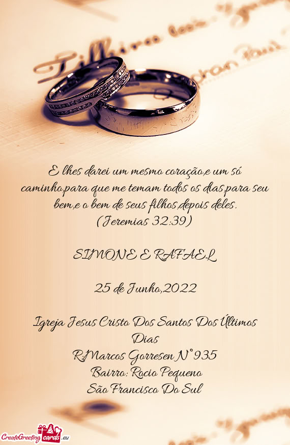 E lhes darei um mesmo coração,e um só caminho,para que me temam todos os dias,para seu bem,e o be