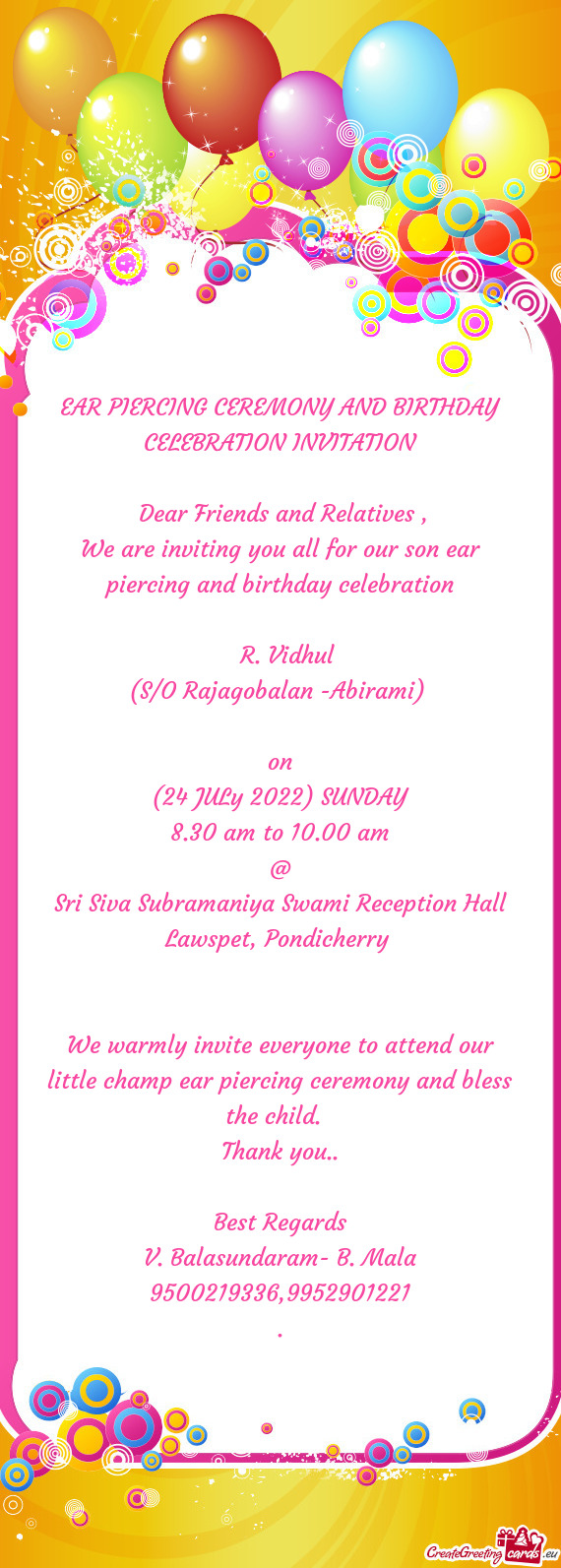 EAR PIERCING CEREMONY AND BIRTHDAY CELEBRATION INVITATION