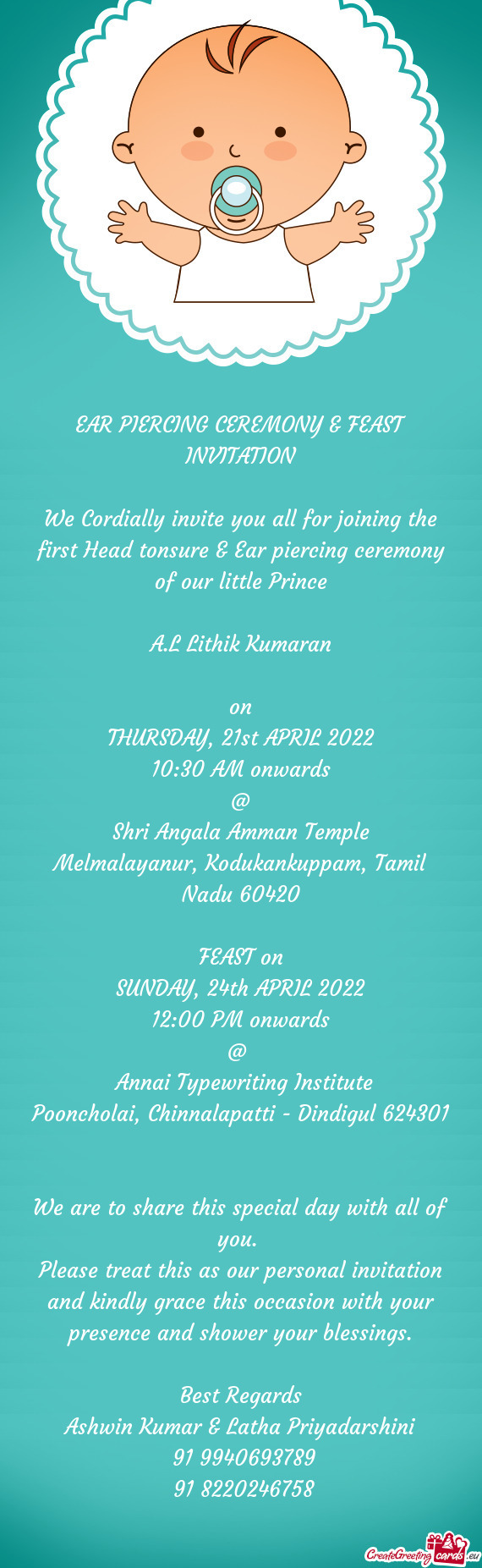 EAR PIERCING CEREMONY & FEAST INVITATION