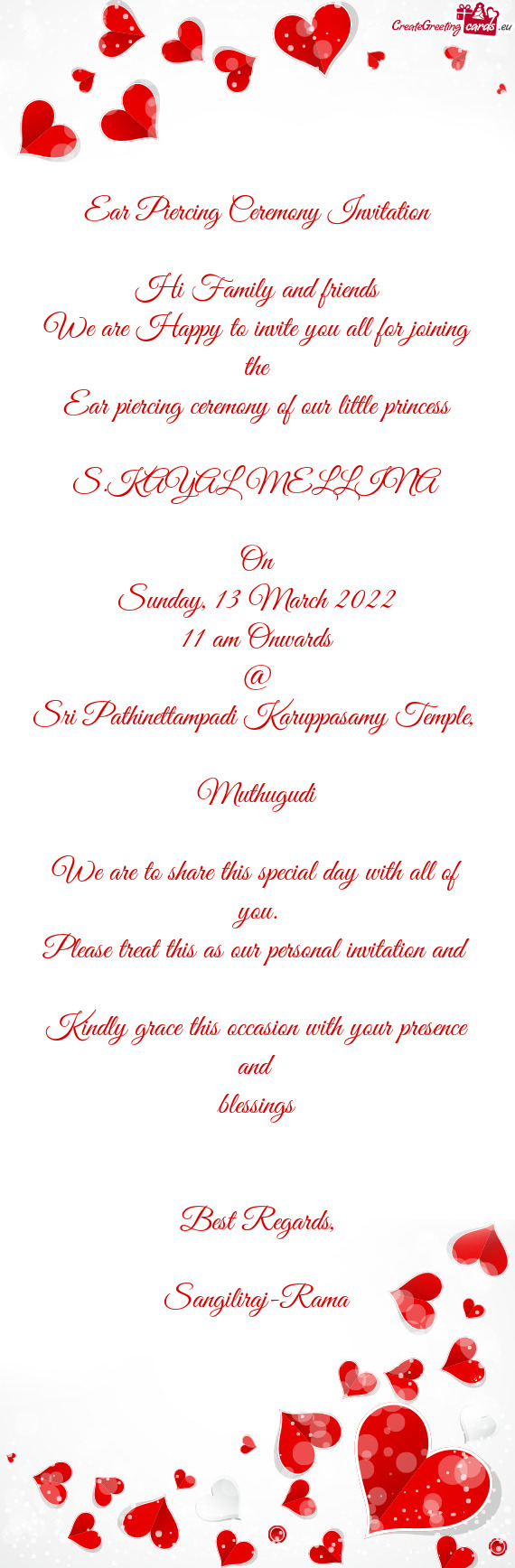 Ear Piercing Ceremony Invitation    Hi Family and friends