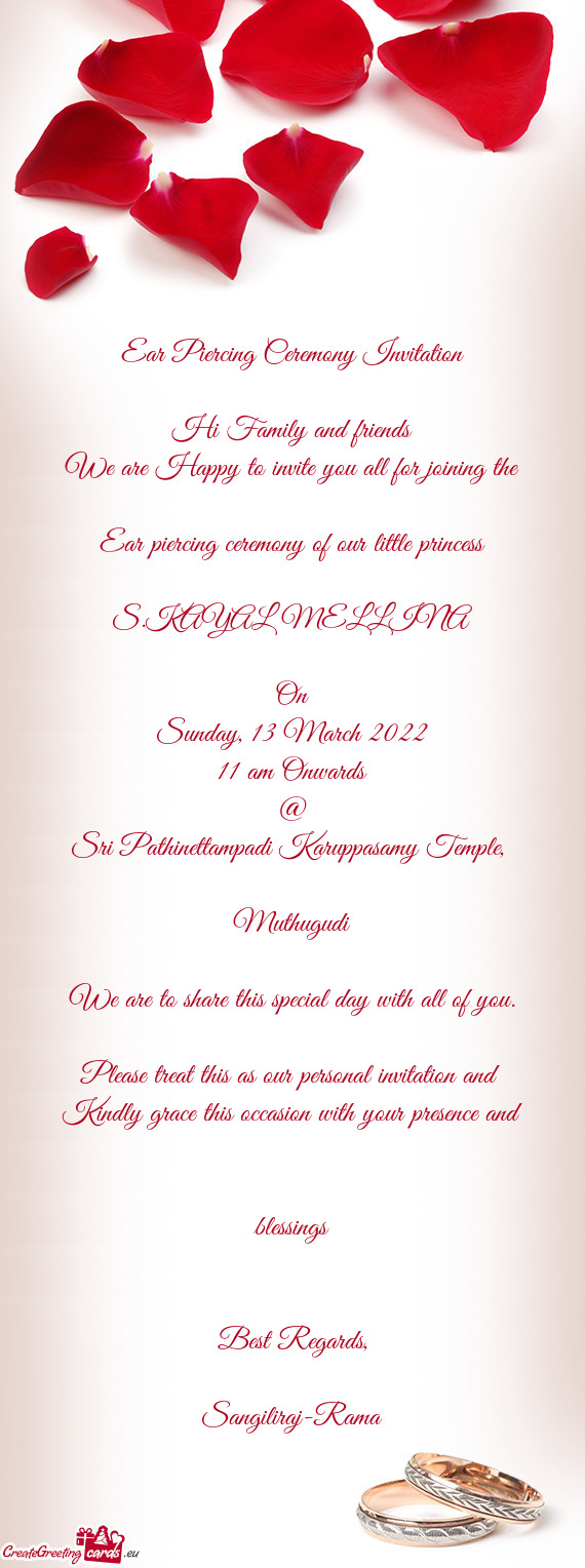 Ear Piercing Ceremony Invitation    Hi Family and friends