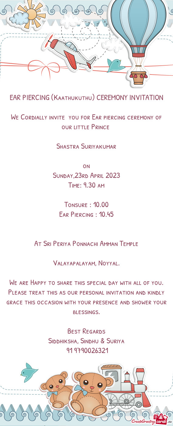 EAR PIERCING (Kaathukuthu) CEREMONY INVITATION