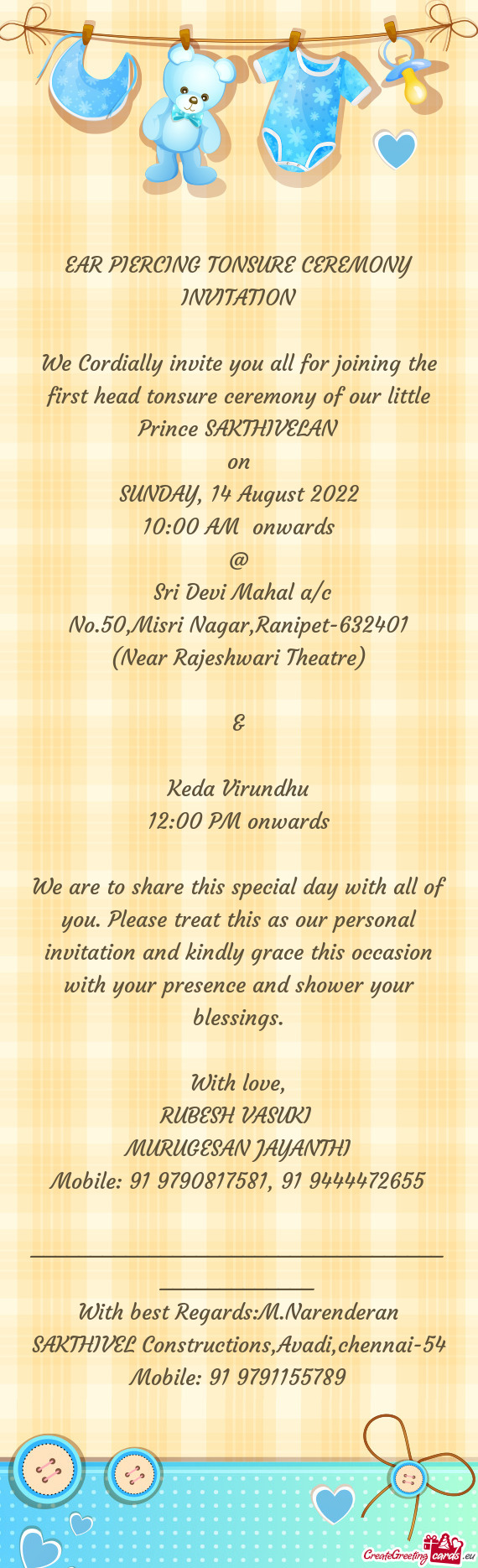 EAR PIERCING TONSURE CEREMONY INVITATION