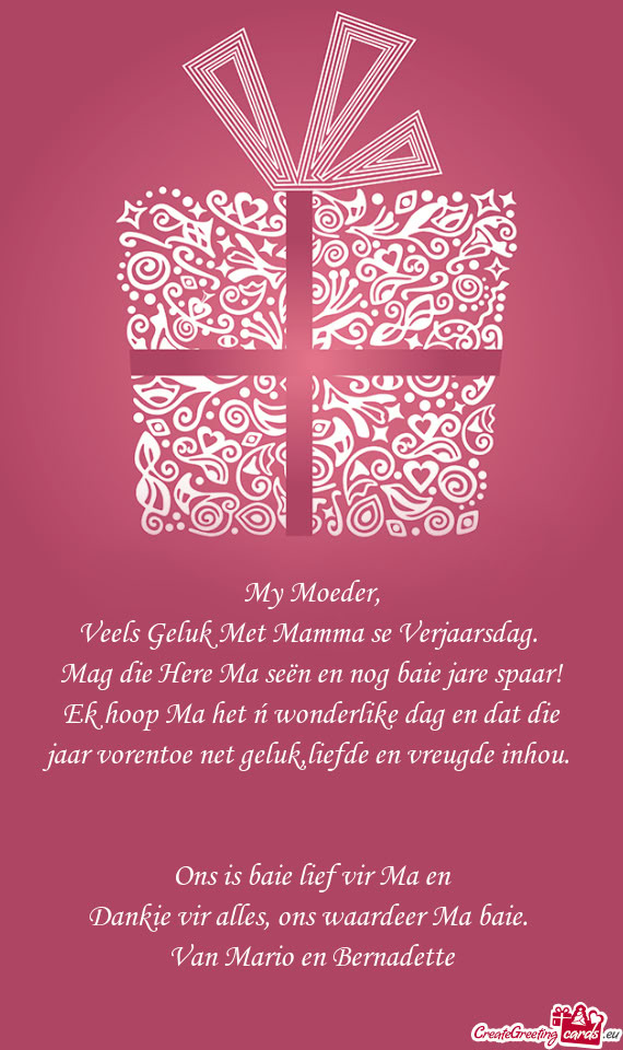 Ek hoop Ma het ń wonderlike dag en dat die jaar vorentoe net geluk,liefde en vreugde inhou