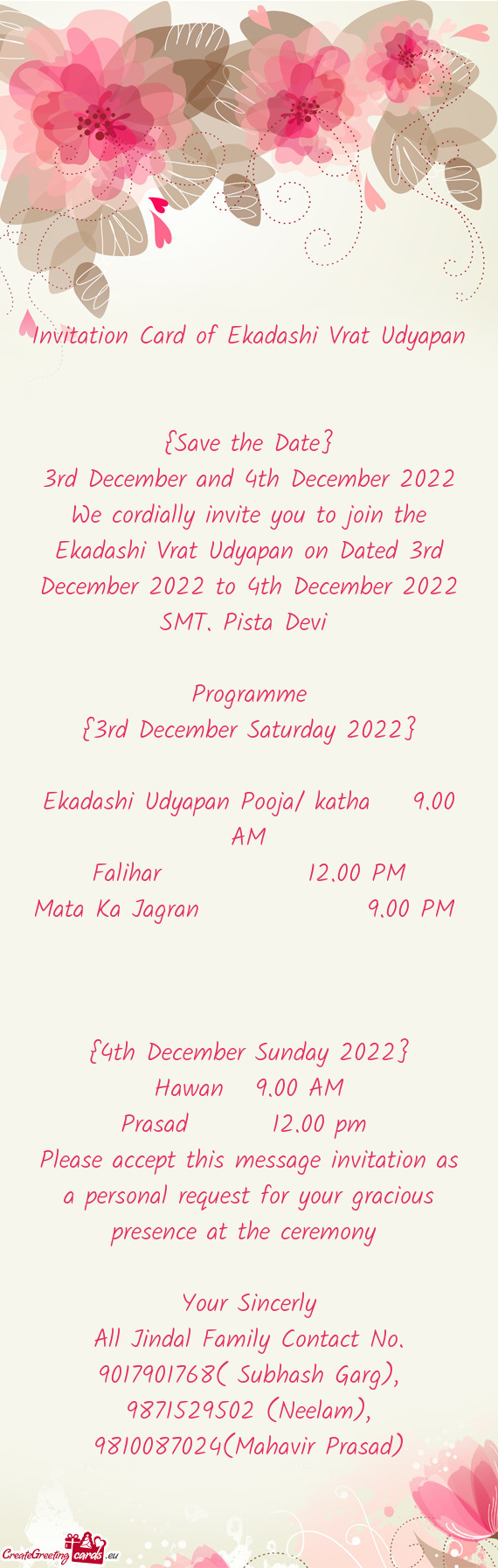 Ekadashi Udyapan Pooja/ katha 9.00 AM