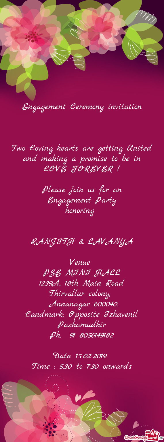 Engagement Ceremony invitation         Two Loving hearts