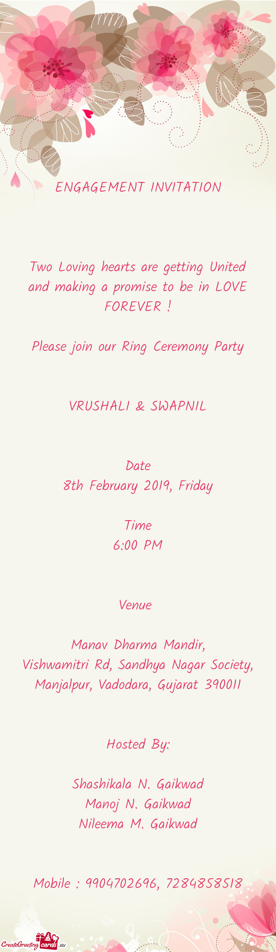 ENGAGEMENT INVITATION         Two Loving hearts are