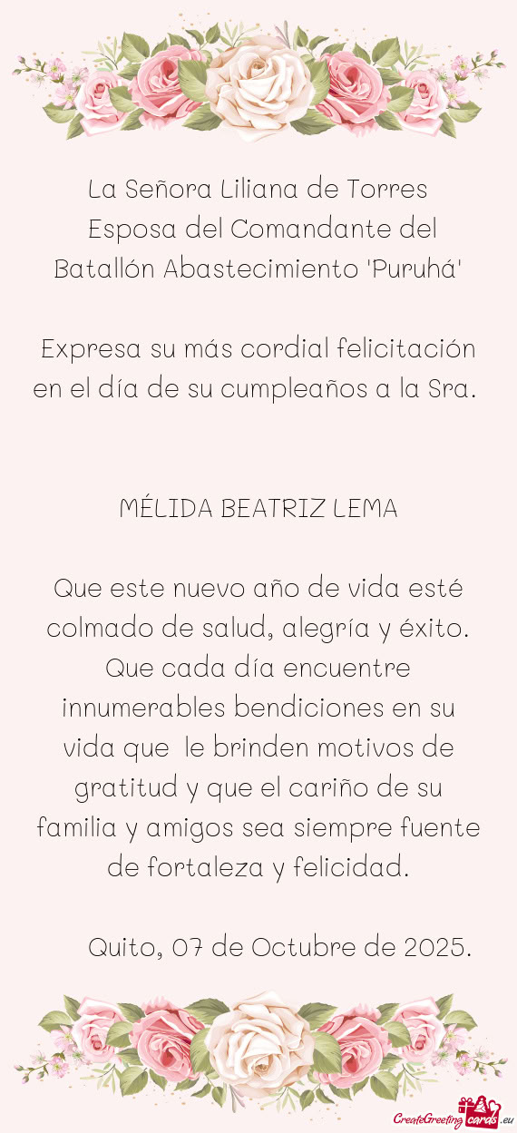 Esposa del Comandante del Batallón Abastecimiento "Puruhá"