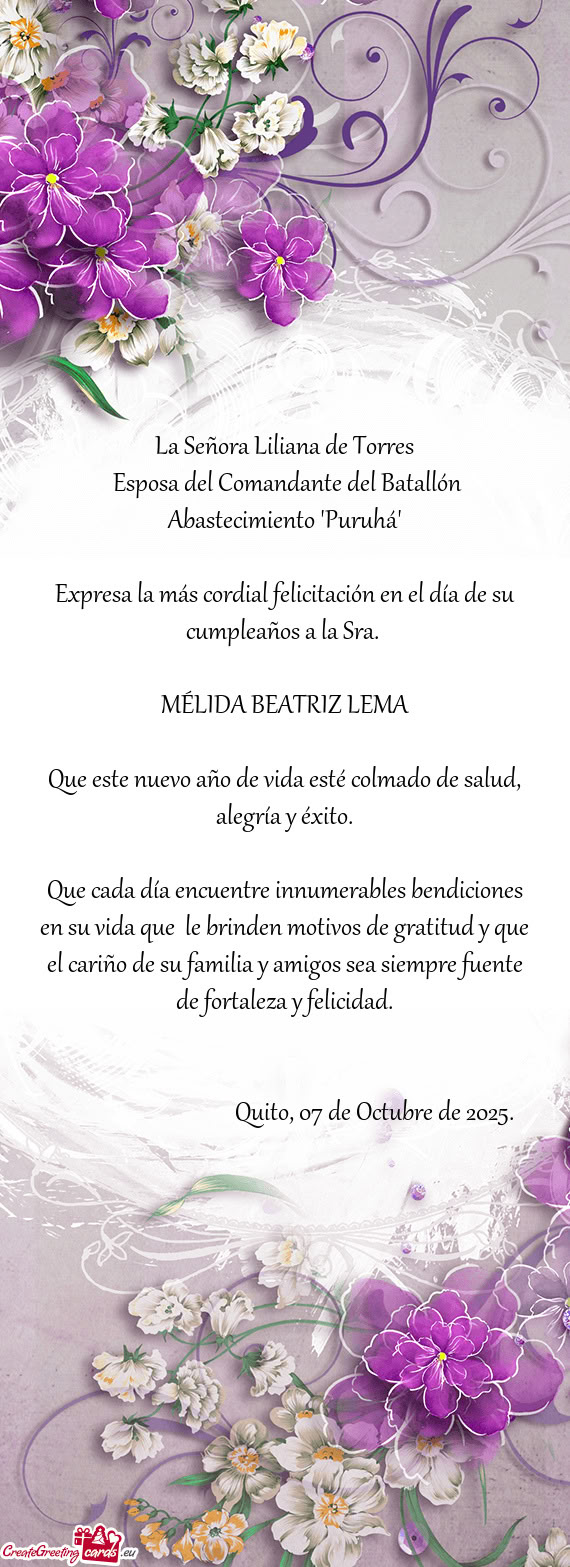 Expresa la más cordial felicitación en el día de su cumpleaños a la Sra