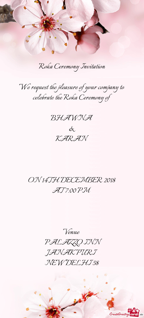 F 
 
 BHAWNA
 &
 KARAN
 
 
 
 ON 14TH DECEMBER 2018
 AT 7