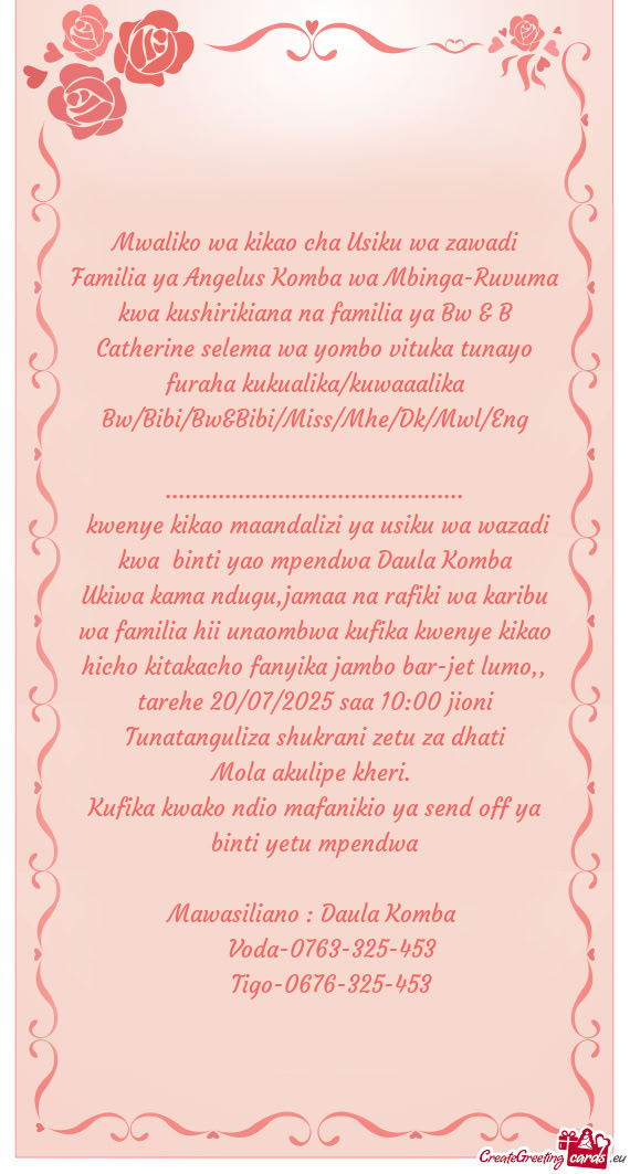 Familia ya Angelus Komba wa Mbinga-Ruvuma kwa kushirikiana na familia ya Bw & B Catherine selema wa