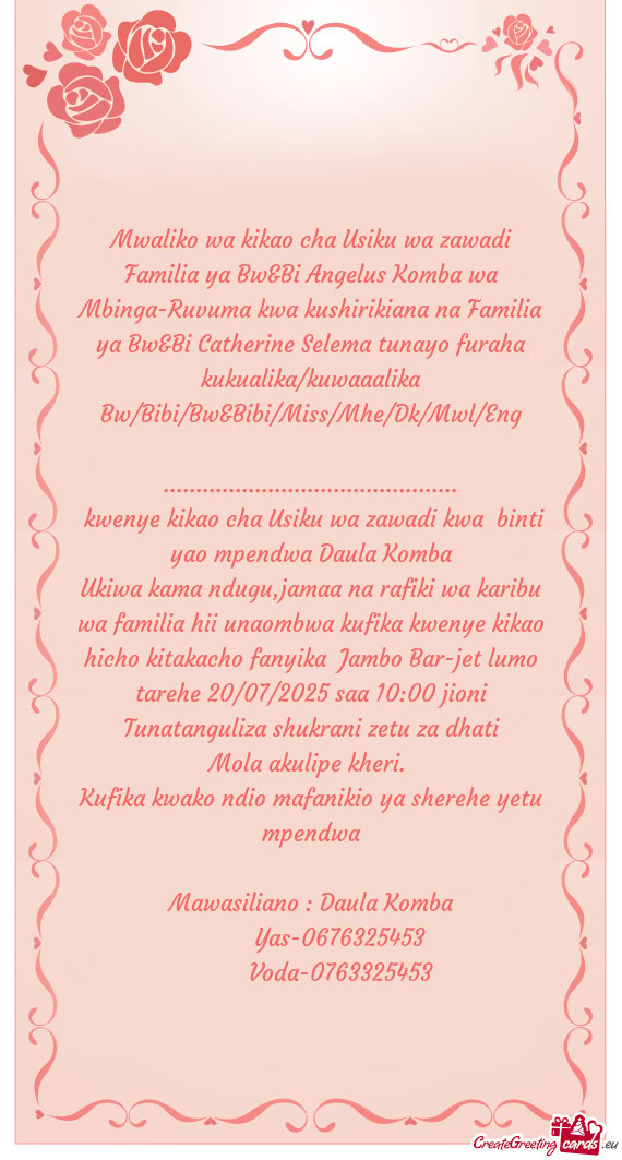 Familia ya Bw&Bi Angelus Komba wa Mbinga-Ruvuma kwa kushirikiana na Familia ya Bw&Bi Catherine Selem