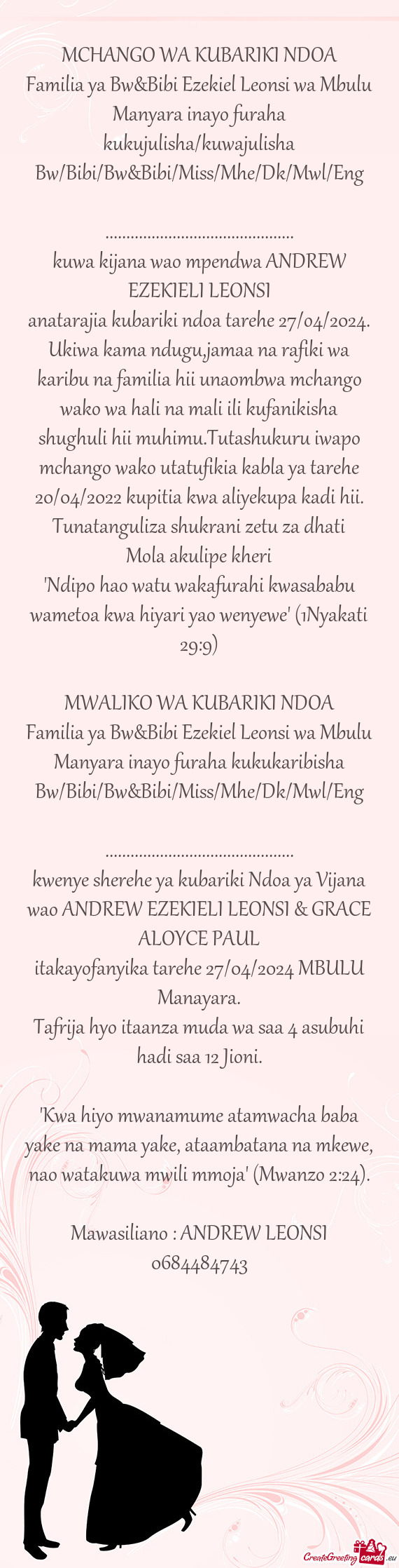 Familia ya Bw&Bibi Ezekiel Leonsi wa Mbulu Manyara inayo furaha kukujulisha/kuwajulisha