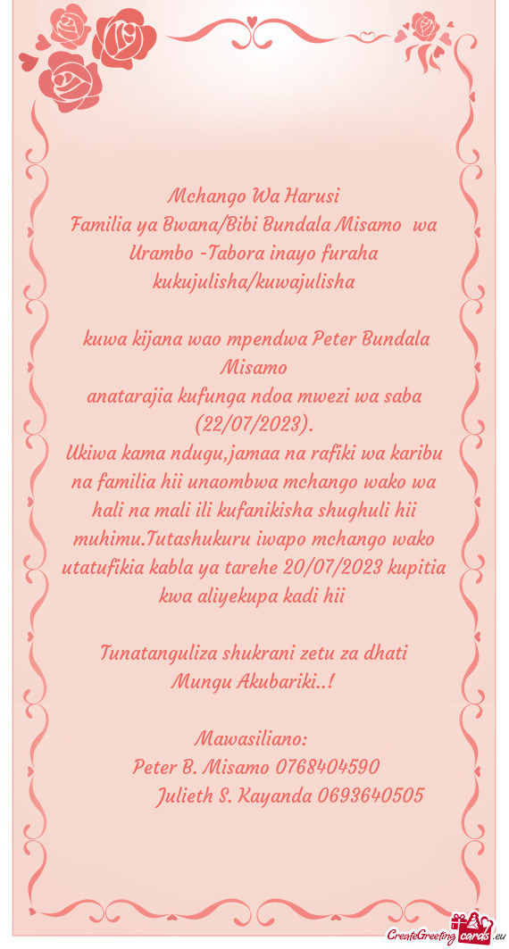 Familia ya Bwana/Bibi Bundala Misamo wa Urambo -Tabora inayo furaha kukujulisha/kuwajulisha