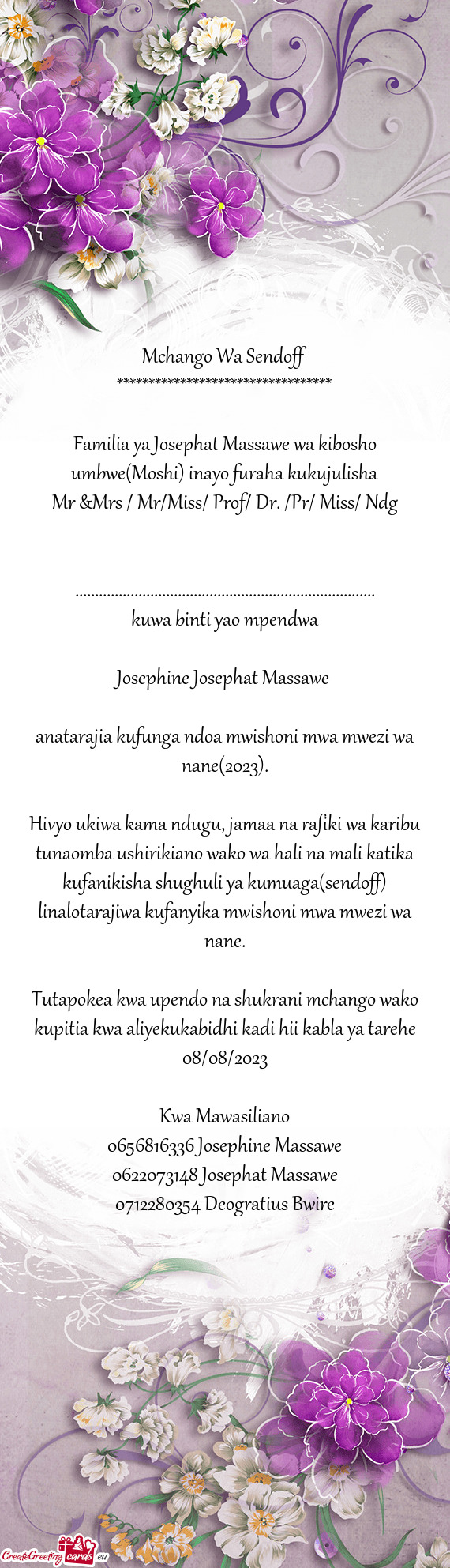 Familia ya Josephat Massawe wa kibosho umbwe(Moshi) inayo furaha kukujulisha