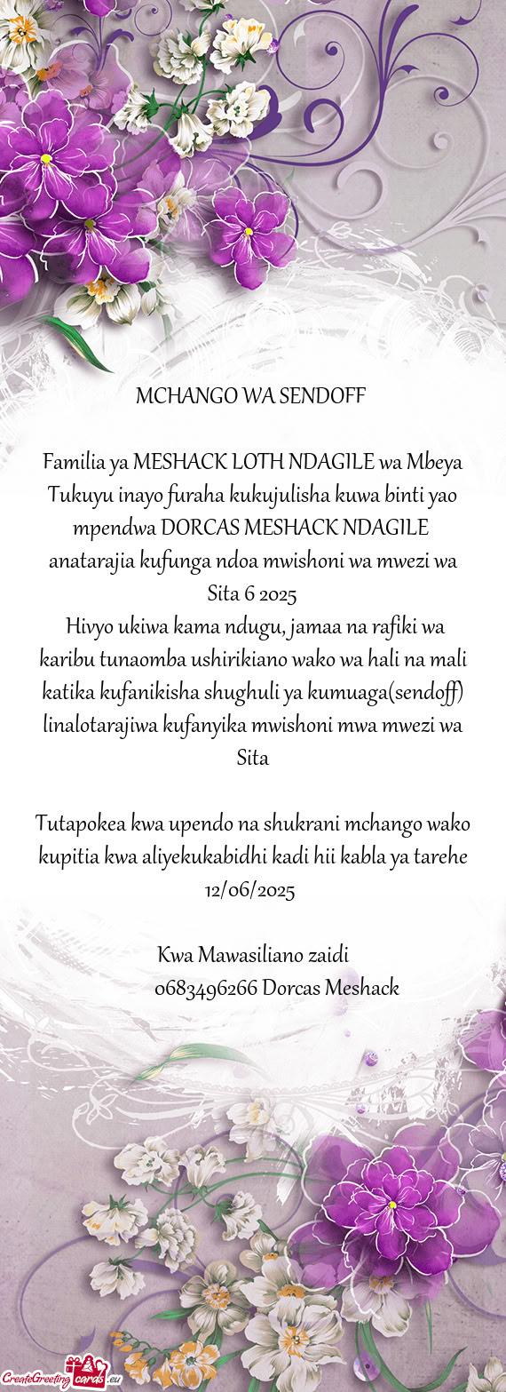 Familia ya MESHACK LOTH NDAGILE wa Mbeya Tukuyu inayo furaha kukujulisha kuwa binti yao mpendwa DORC