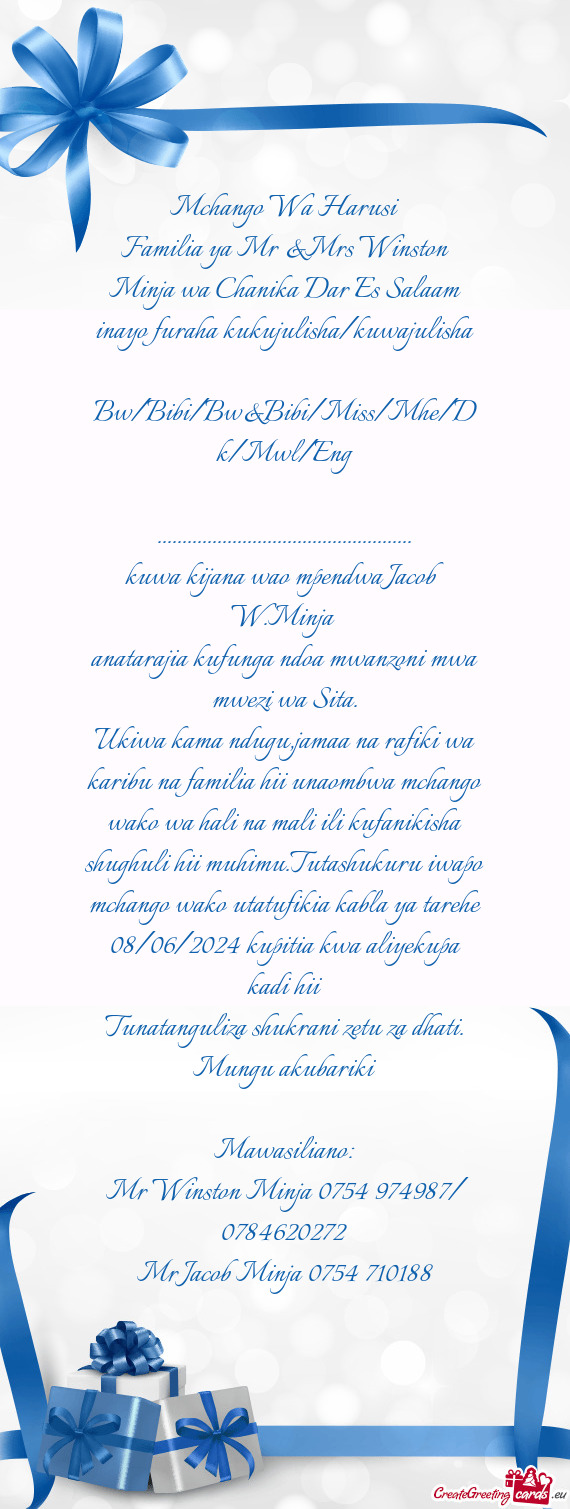 Familia ya Mr &Mrs Winston Minja wa Chanika Dar Es Salaam inayo furaha kukujulisha/kuwajulisha