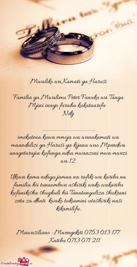 Familia ya Mwalimu Peter Funuku wa Tanga Mjini inayo furaha kukutaarifu