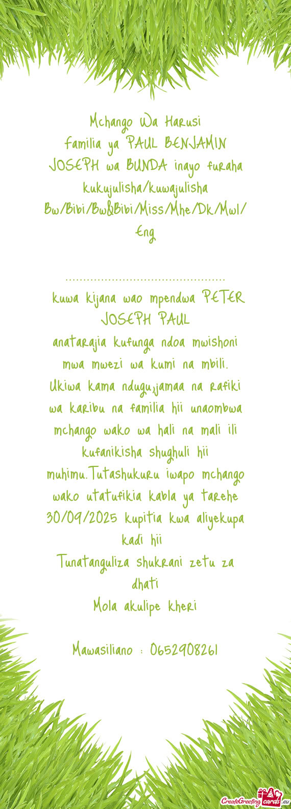 Familia ya PAUL BENJAMIN JOSEPH wa BUNDA inayo furaha kukujulisha/kuwajulisha