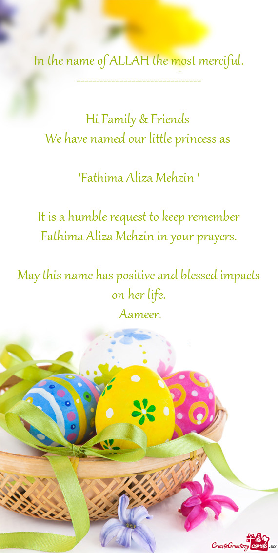 Fathima Aliza Mehzin in your prayers