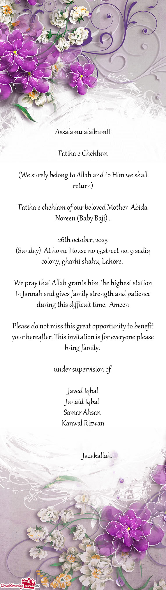 Fatiha e chehlam of our beloved Mother Abida Noreen (Baby Baji)