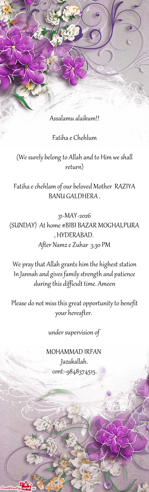 Fatiha e chehlam of our beloved Mother RAZIYA BANU GALDHERA