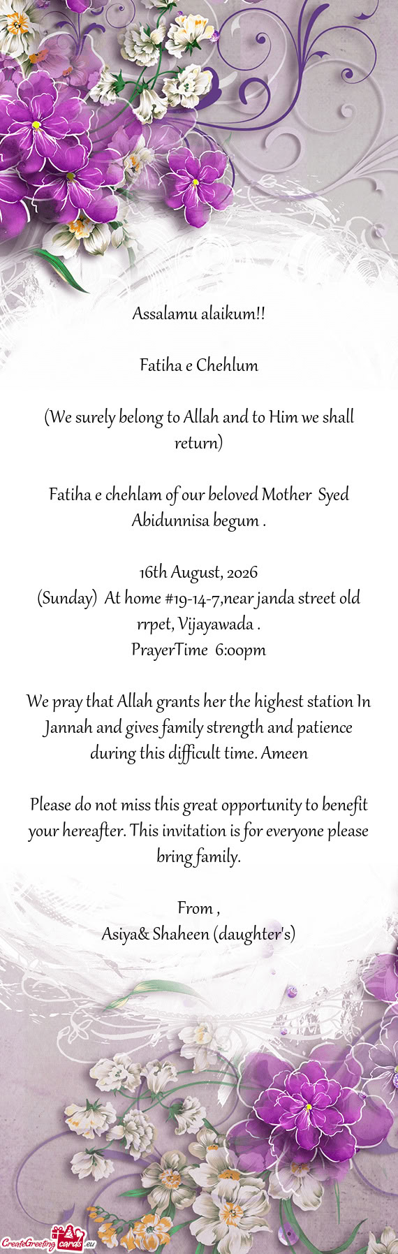 Fatiha e chehlam of our beloved Mother Syed Abidunnisa begum