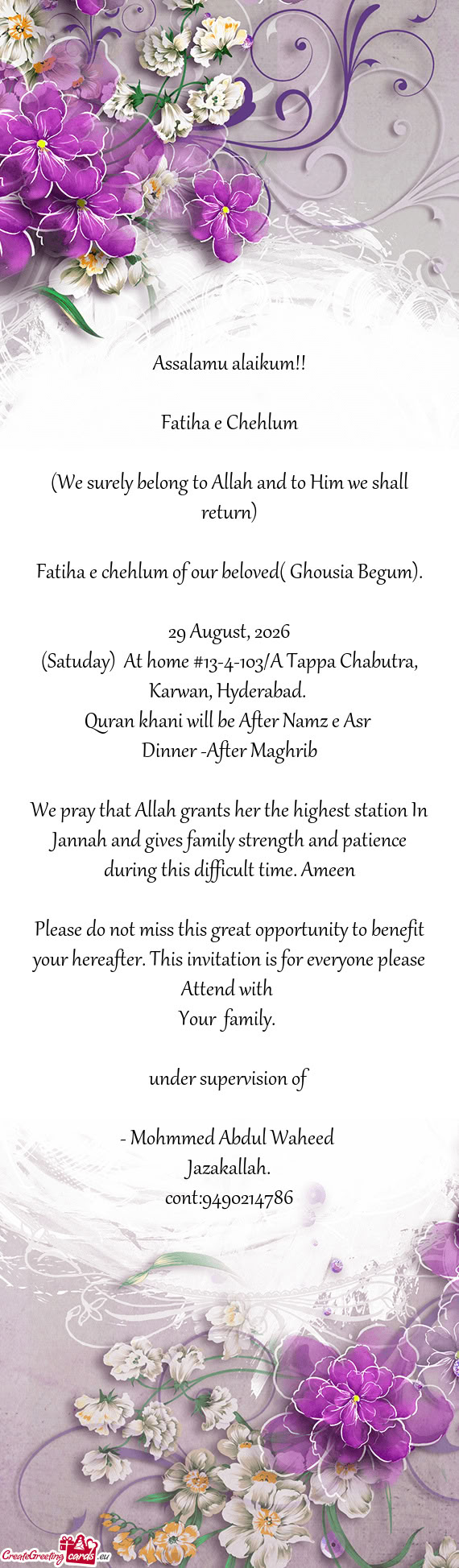 Fatiha e chehlum of our beloved( Ghousia Begum)