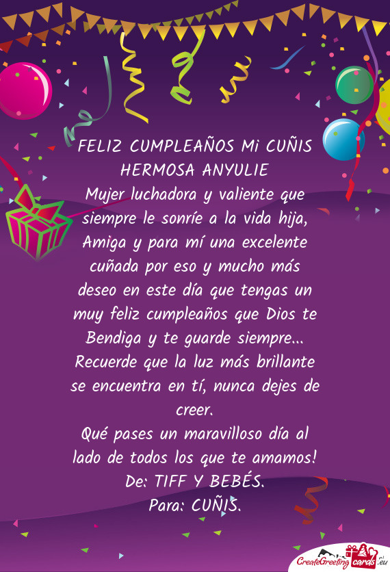 FELIZ CUMPLEAÑOS Mi CUÑIS HERMOSA ANYULIE