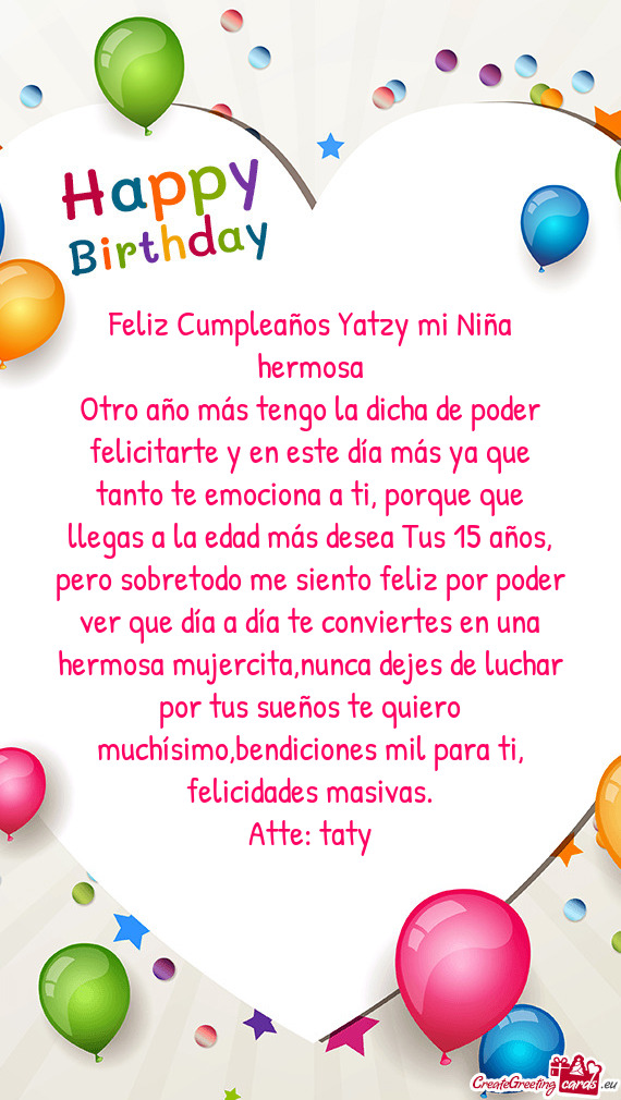 Feliz Cumpleaños Yatzy mi Niña hermosa