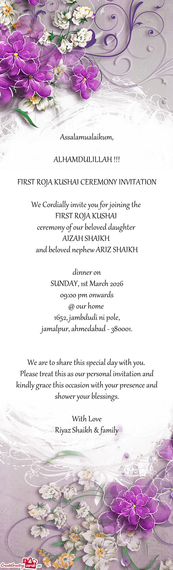 FIRST ROJA KUSHAI CEREMONY INVITATION