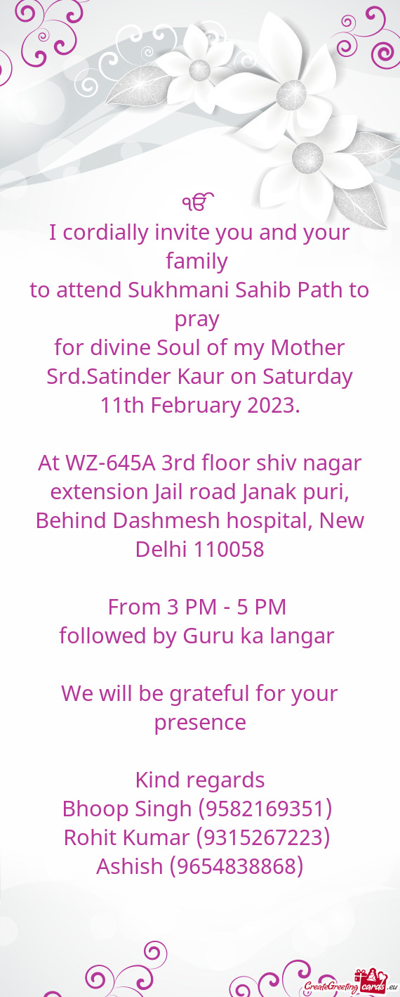 For divine Soul of my Mother Srd.Satinder Kaur on Saturday 11th February 2023