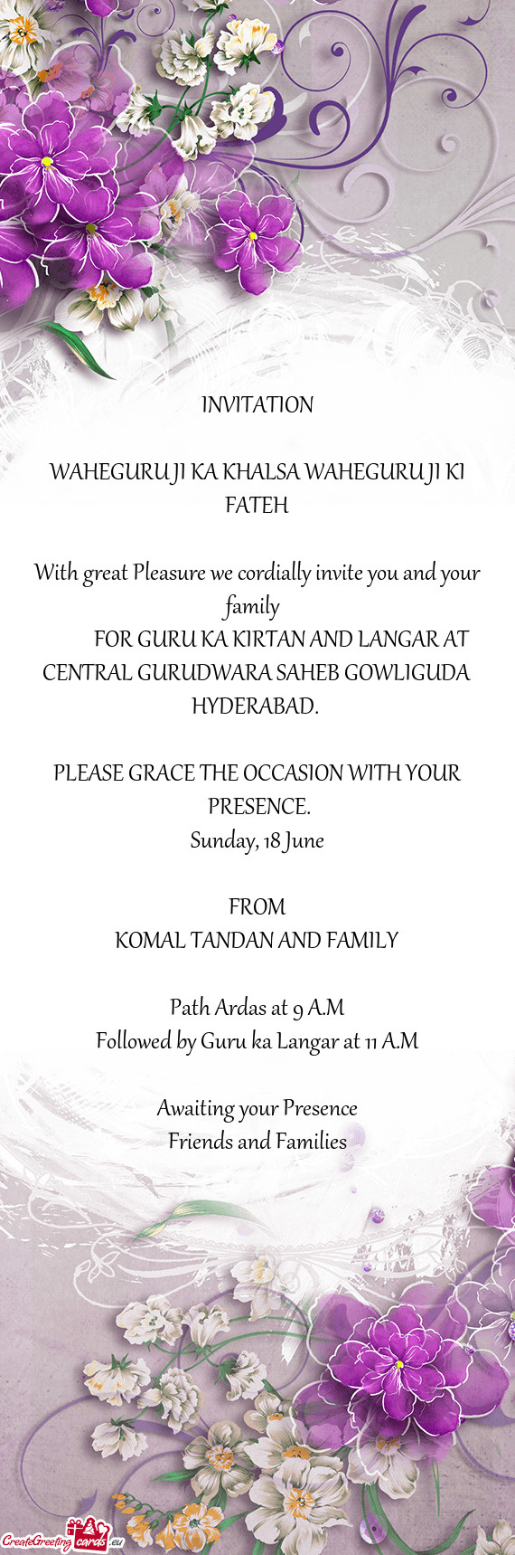 FOR GURU KA KIRTAN AND LANGAR AT CENTRAL GURUDWARA SAHEB GOWLIGUDA HYDERABAD