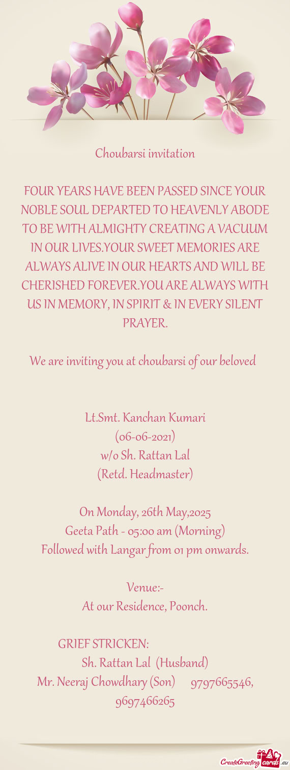 FOUR YEARS HAVE BEEN PASSED SINCE YOUR NOBLE SOUL DEPARTED TO HEAVENLY ABODE TO BE WITH ALMIGHTY CRE