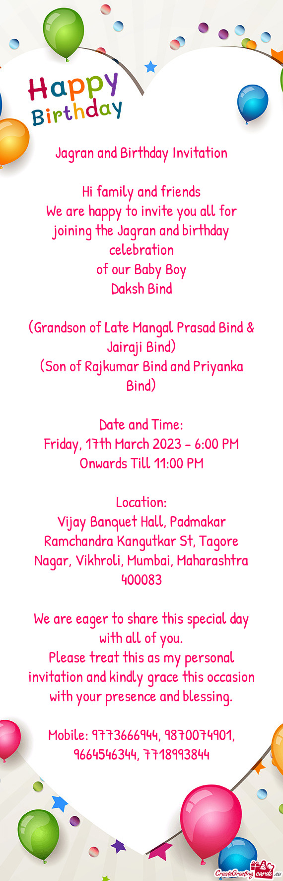 Friday, 17th March 2023 - 6:00 PM Onwards Till 11:00 PM